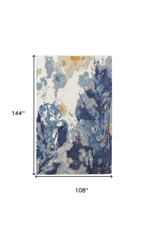 9' X 12' Blue Copper And Ivory Wool Floral Hand Tufted Area Rug