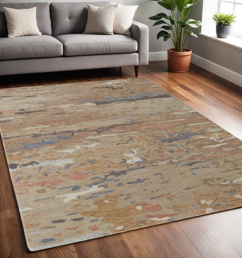 9' X 12' Tan And Blue Wool Abstract Tufted Handmade Stain Resistant Area Rug