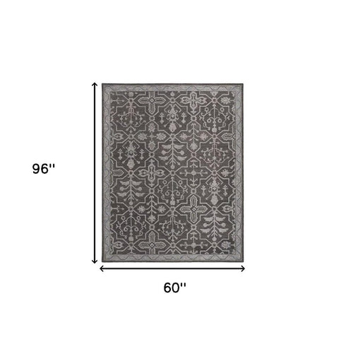 5' X 8' Blue Gray And Charcoal Wool Floral Hand Tufted Area Rug