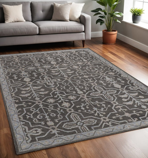5' X 8' Blue Gray And Charcoal Wool Floral Hand Tufted Area Rug