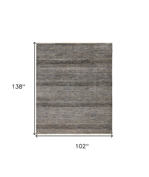 9' X 12' Gray Ivory And Brown Wool Striped Shag Hand Knotted Area Rug