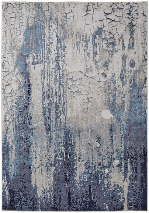 8' X 10' Ivory and Blue Abstract Power Loom Distressed Non Skid Area Rug