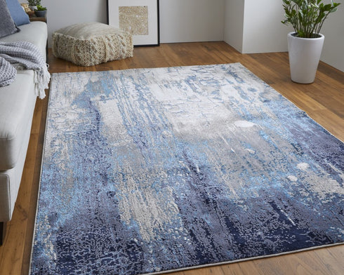 8' X 10' Ivory and Blue Abstract Power Loom Distressed Non Skid Area Rug