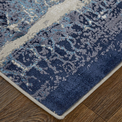 8' X 10' Ivory and Blue Abstract Power Loom Distressed Non Skid Area Rug