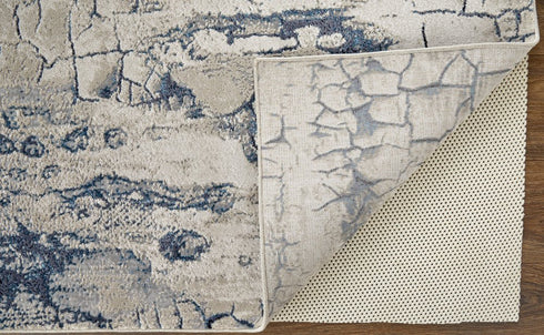 8' X 10' Ivory and Blue Abstract Power Loom Distressed Non Skid Area Rug
