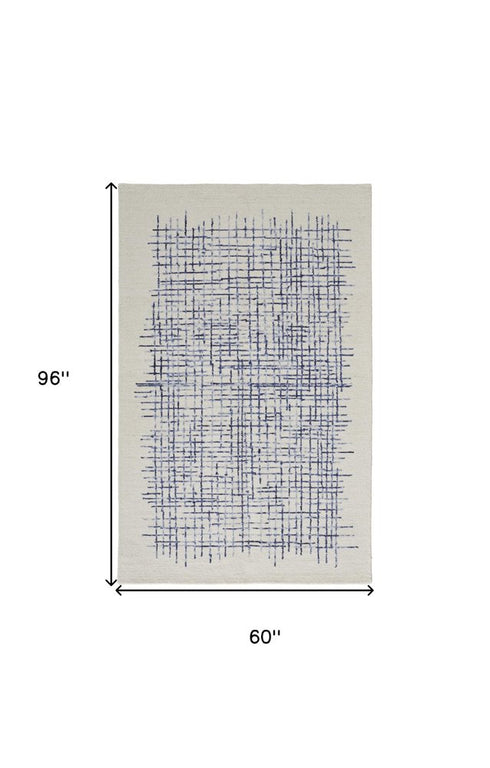 5' X 8' Ivory And Blue Wool Crosshatch Hand Tufted Area Rug
