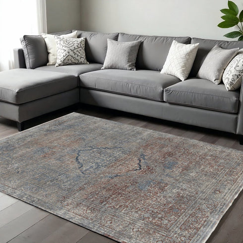 8' X 10' Blue Red And Gray Floral Area Rug
