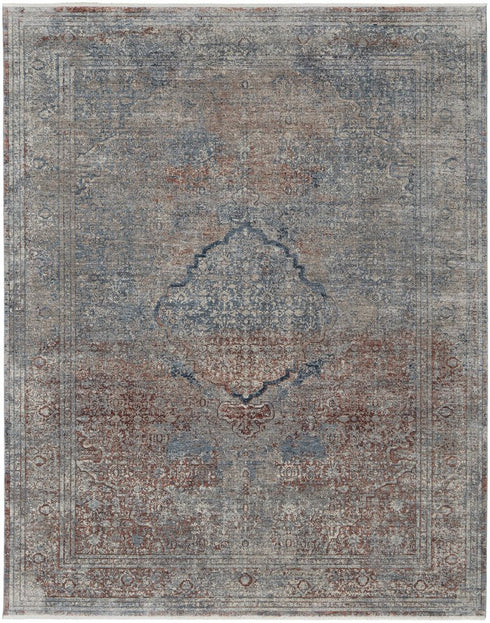 8' X 10' Blue Red And Gray Floral Area Rug