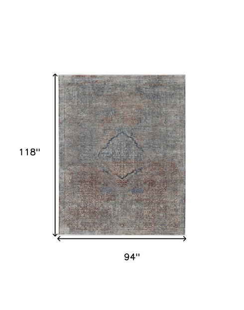 8' X 10' Blue Red And Gray Floral Area Rug