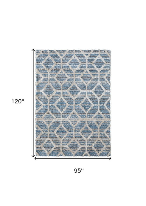 9' X 12' Blue And Ivory Geometric Power Loom Stain Resistant Area Rug