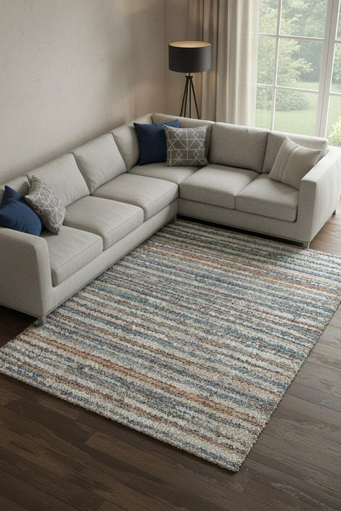 9' X 12' Ivory Blue And Orange Striped Power Loom Stain Resistant Area Rug