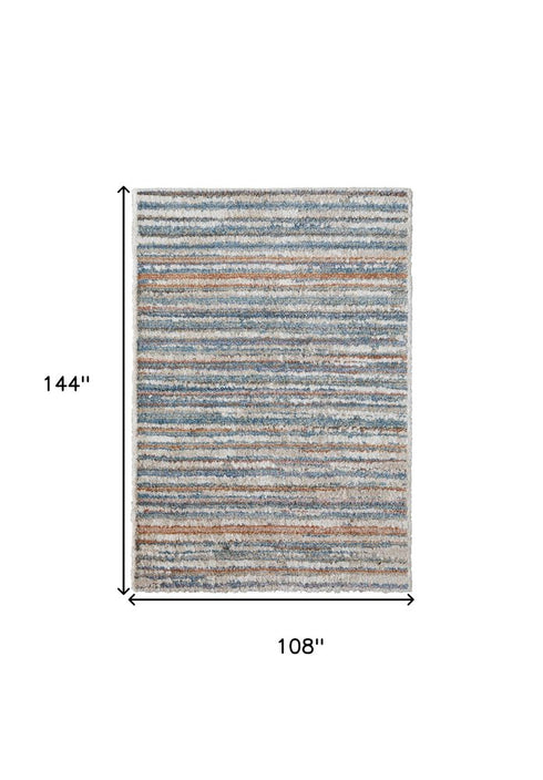 9' X 12' Ivory Blue And Orange Striped Power Loom Stain Resistant Area Rug