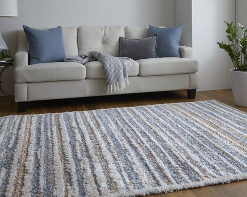 9' X 12' Ivory Blue And Orange Striped Power Loom Stain Resistant Area Rug