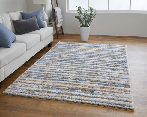 9' X 12' Ivory Blue And Orange Striped Power Loom Stain Resistant Area Rug
