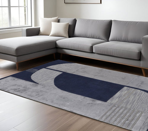 9' X 12' Blue And Silver Wool Geometric Tufted Handmade Area Rug