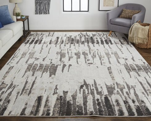9' X 12' Ivory Brown And Gray Abstract Power Loom Stain Resistant Area Rug