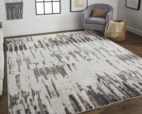 9' X 12' Ivory Brown And Gray Abstract Power Loom Stain Resistant Area Rug