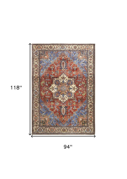 8' X 10' Blue And Orange Floral Medallion Area Rug