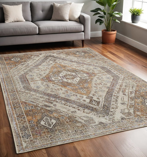 8' X 10' Brown Ivory And Orange Medallion Distressed Washable Area Rug