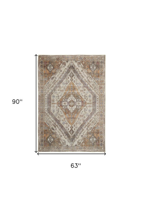8' X 10' Brown Ivory And Orange Medallion Distressed Washable Area Rug