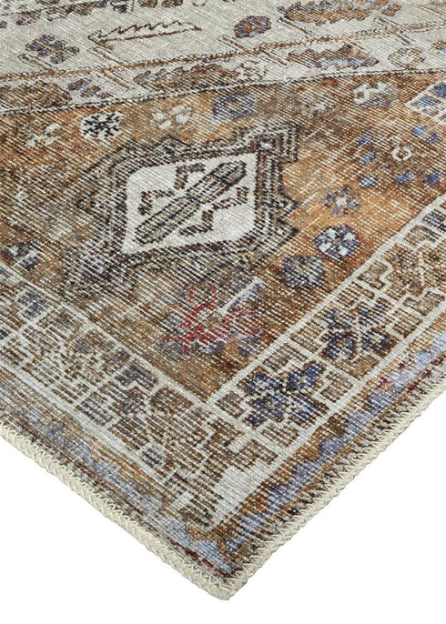 8' X 10' Brown Ivory And Orange Medallion Distressed Washable Area Rug