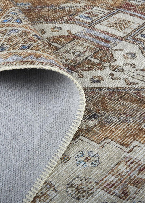 8' X 10' Brown Ivory And Orange Medallion Distressed Washable Area Rug