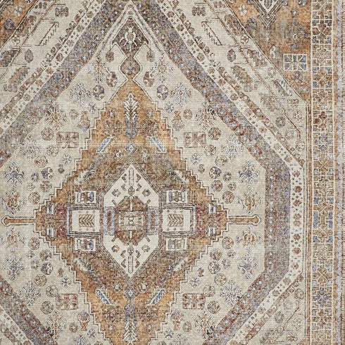 8' X 10' Brown Ivory And Orange Medallion Distressed Washable Area Rug