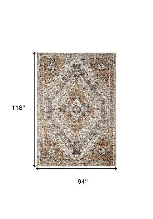 8' X 10' Brown Ivory And Orange Medallion Distressed Washable Area Rug