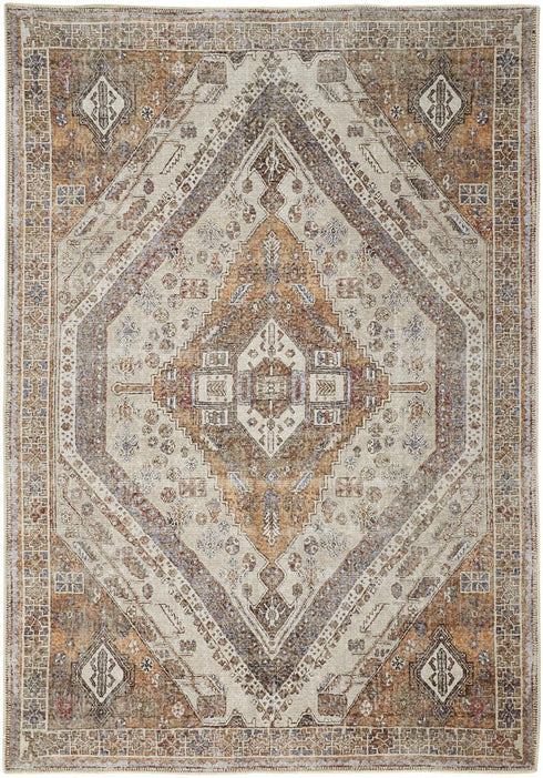 8' X 10' Brown Ivory And Orange Medallion Distressed Washable Area Rug