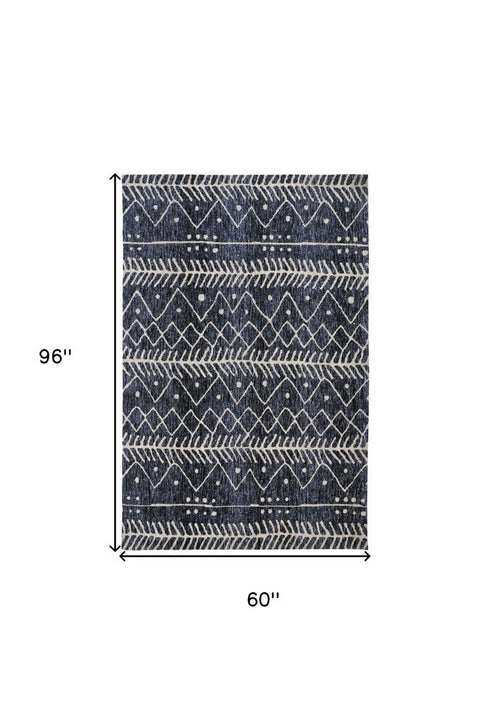 5' X 8' Blue And Ivory Striped Stain Resistant Area Rug