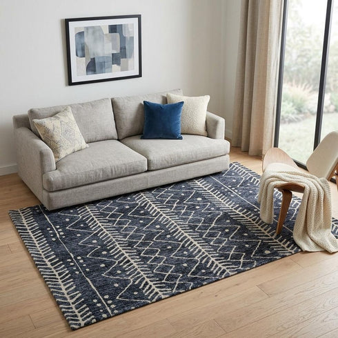 5' X 8' Blue And Ivory Striped Stain Resistant Area Rug