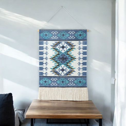 36" X 20" Blue Ivory And Teal Southwestern Cotton Hanging Tapestry