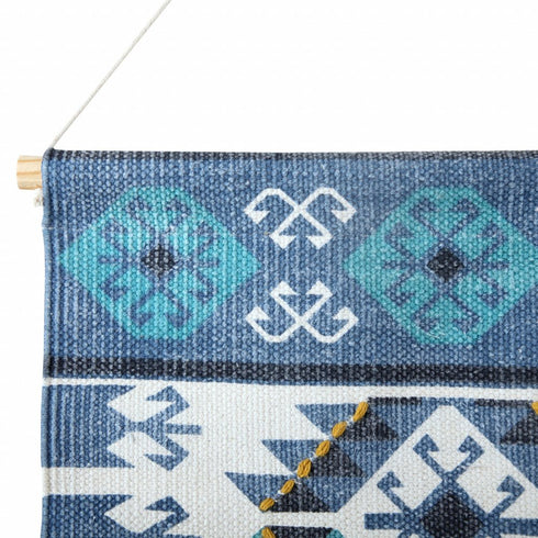 36" X 20" Blue Ivory And Teal Southwestern Cotton Hanging Tapestry