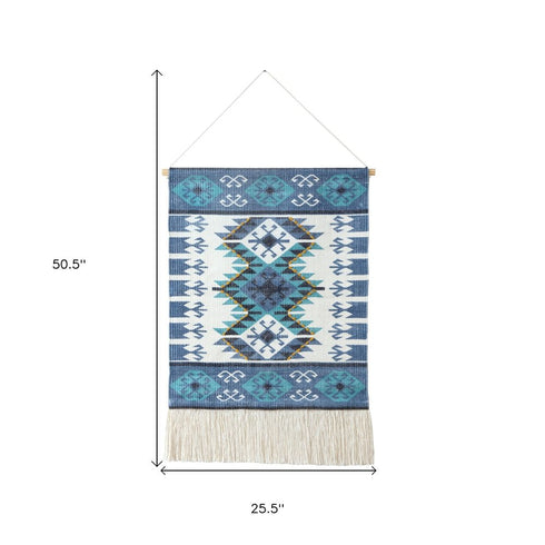 36" X 20" Blue Ivory And Teal Southwestern Cotton Hanging Tapestry