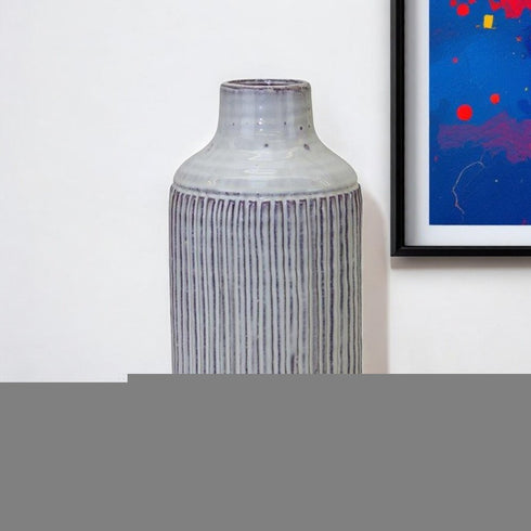 12" Gray And Brown Ribbed Terracotta Cylinder Table Vase