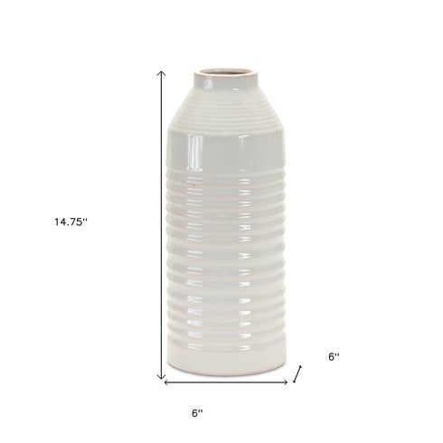 15" White Ribbed Cylinder Terracotta Table Vase