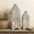 Set of Two White And Silver Distressed Geometric Metal Floor Lantern Candle Holders