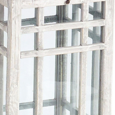Set of Two White And Silver Distressed Geometric Metal Floor Lantern Candle Holders