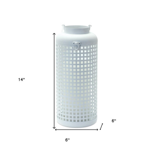 14" White Distressed Lattice Iron Floor Lantern Candle Holder