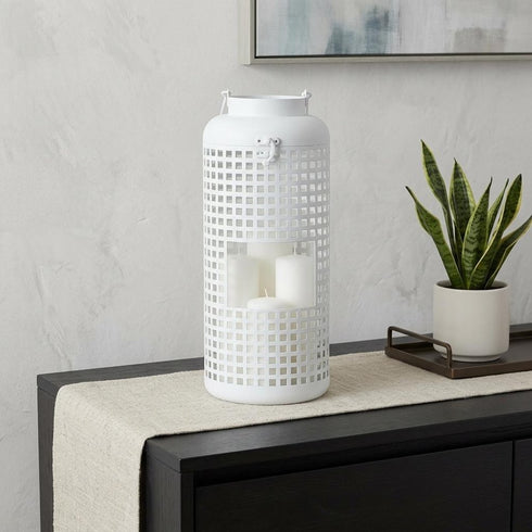 14" White Distressed Lattice Iron Floor Lantern Candle Holder