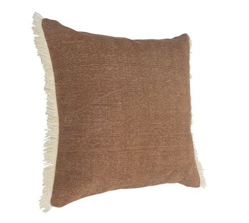 20" Orange And Tan Cotton Color Block Throw Pillow with Fringe