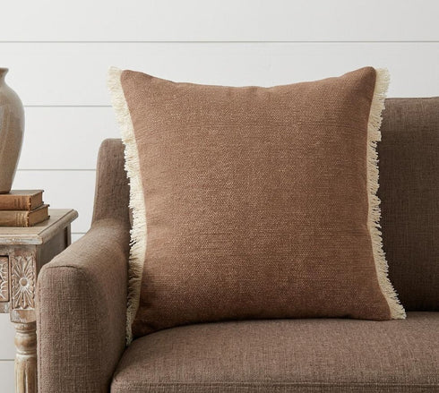 20" Orange And Tan Cotton Color Block Throw Pillow with Fringe