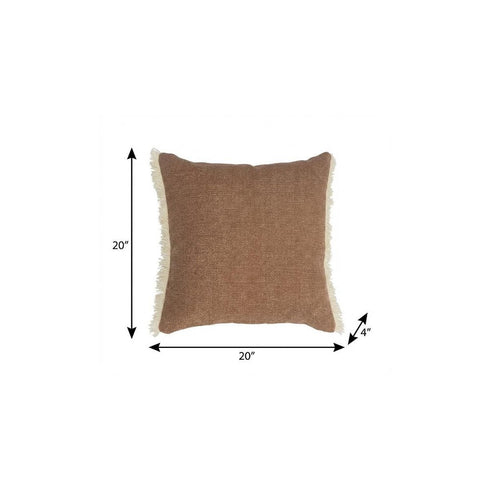 20" Orange And Tan Cotton Color Block Throw Pillow with Fringe