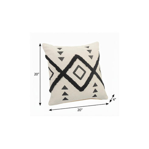 20" X 20" Cream Black And Gray 100% Cotton Geometric Zippered Pillow