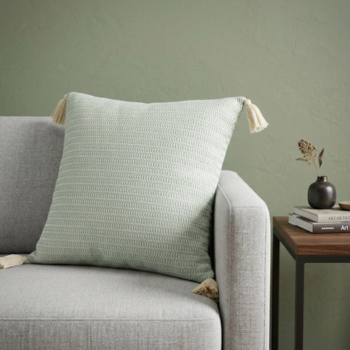 18" X 18" Light Turquoise And Ivory 100% Cotton Striped Zippered Pillow