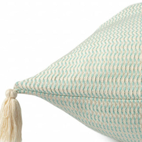 18" X 18" Light Turquoise And Ivory 100% Cotton Striped Zippered Pillow