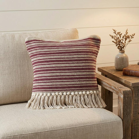 20" Maroon And Tan Cotton Striped Throw Pillow with Fringe