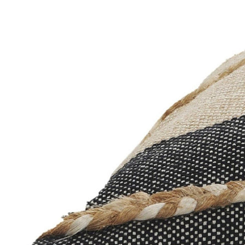 24" Black And Tan Striped Cotton And Jute Throw Pillow with Fringe