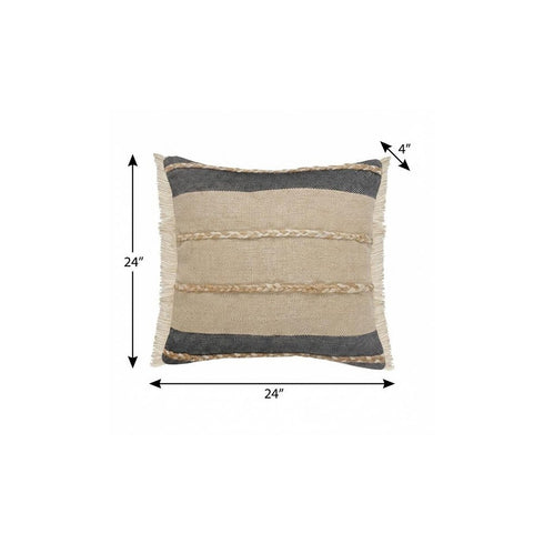 24" Black And Tan Striped Cotton And Jute Throw Pillow with Fringe