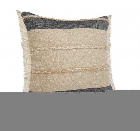 24" Black And Tan Striped Cotton And Jute Throw Pillow with Fringe